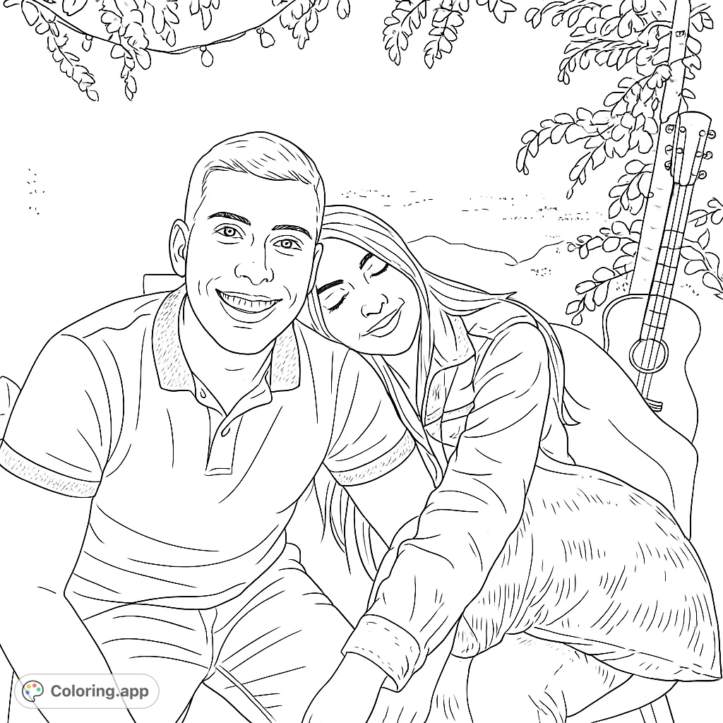 Capture a tender moment with this romantic couple coloring page. Features a smiling pair under string lights, perfect for expressing affection.