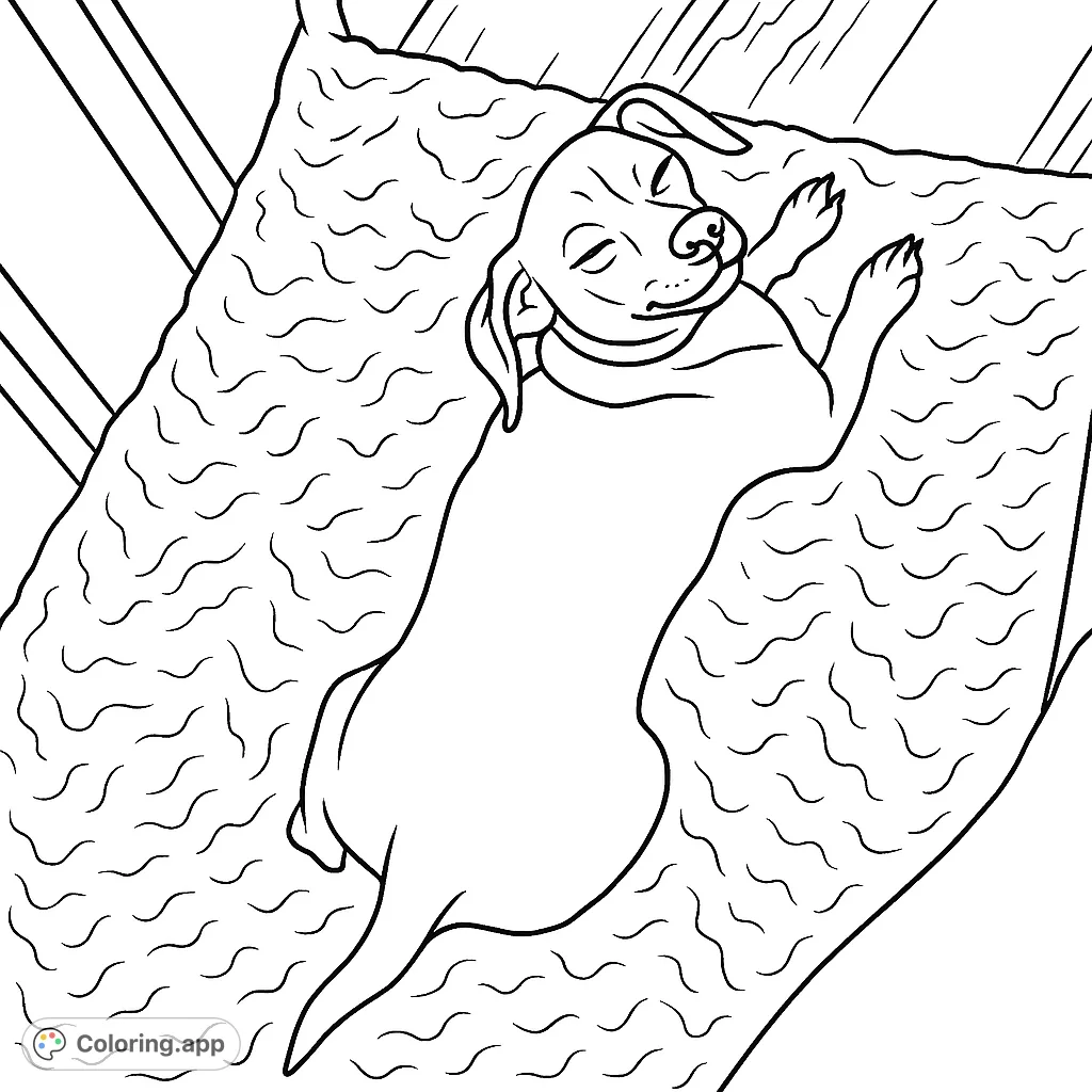 A charming coloring page featuring a small, relaxed dog enjoying a peaceful moment on a fluffy blanket. Perfect for animal lovers of all ages.