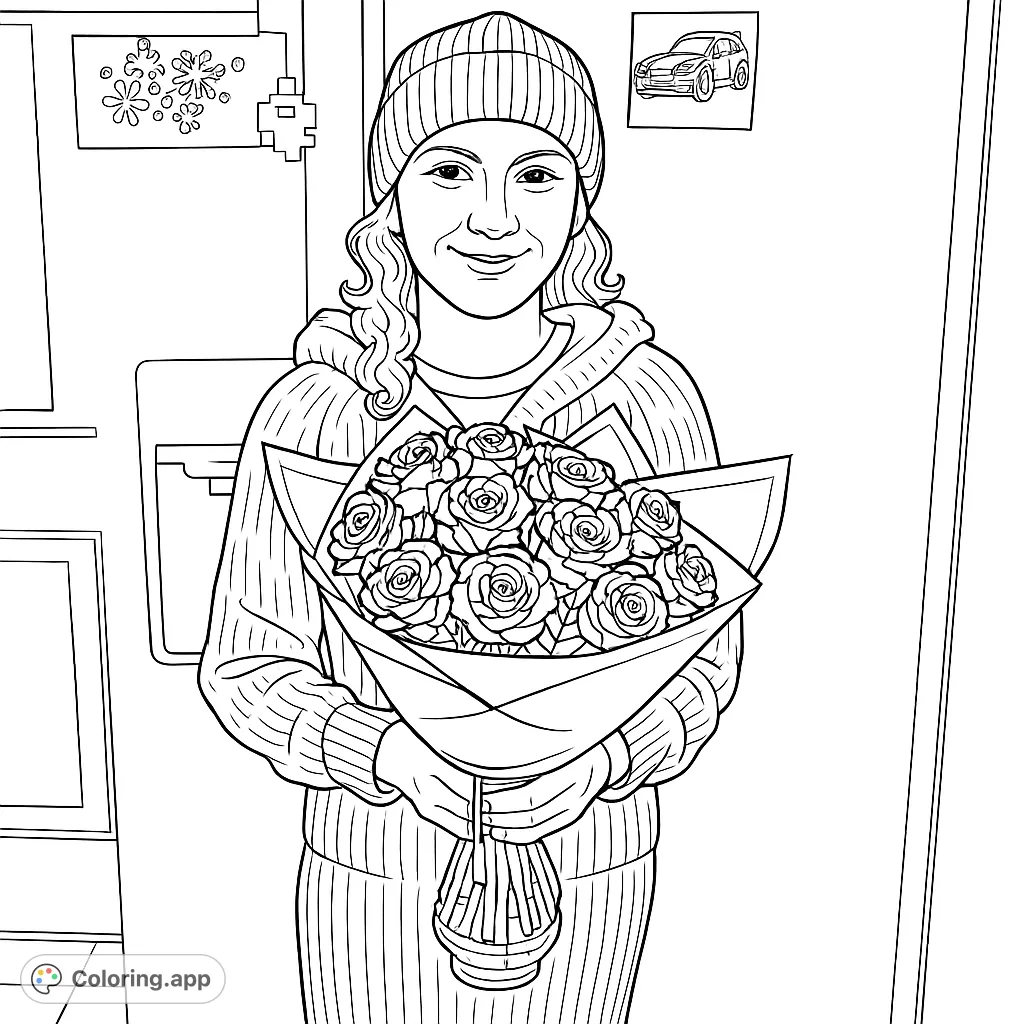 A delightful coloring page featuring a person holding a beautiful bouquet of roses, perfect for celebrating special moments and expressing creativity.