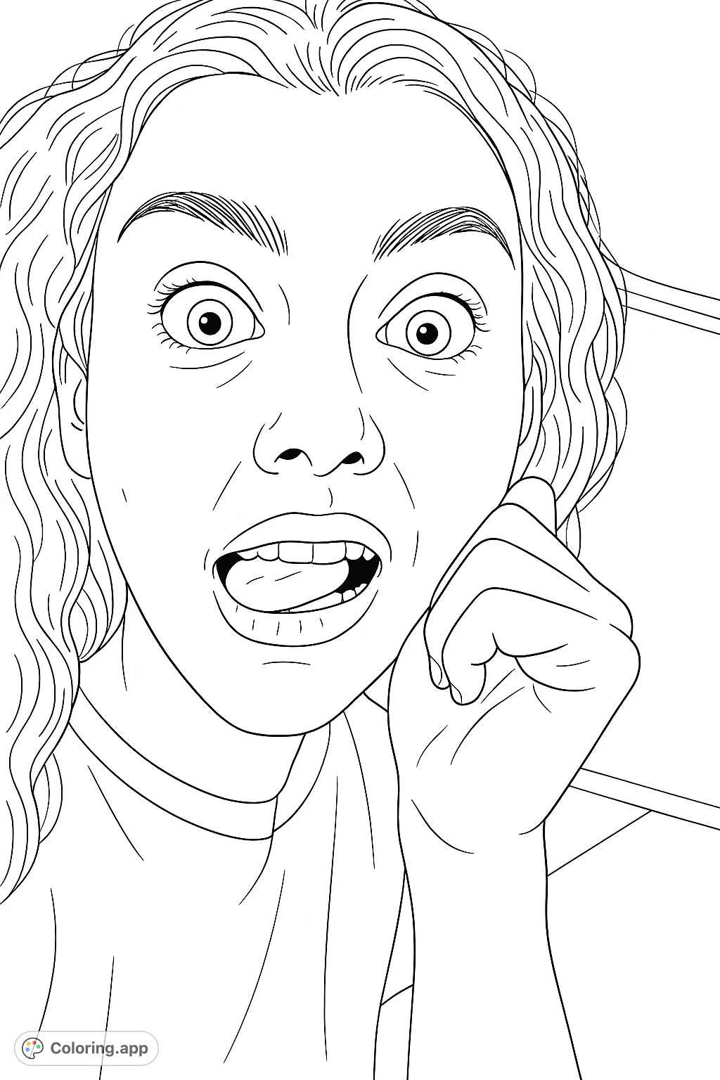 A close-up portrait of a woman with a playful, wide-eyed expression and her tongue slightly out, perfect for expressive coloring.