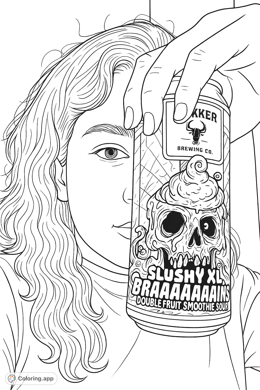 A unique coloring page featuring a person holding a can with a detailed zombie skull design, perfect for adult colorists seeking an edgy challenge.