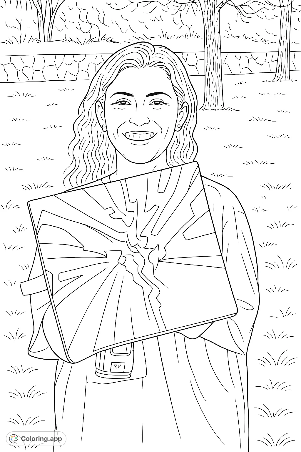 A cheerful woman holds a dynamic, abstract square design, set against a serene outdoor backdrop. A unique blend of portrait and modern art.