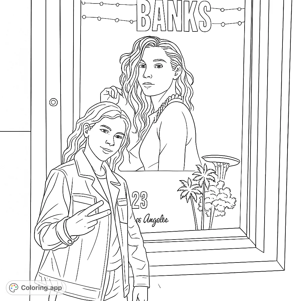 A detailed coloring page featuring a woman posing in front of a concert poster, complete with intricate details of her jacket, hair, and background elements.