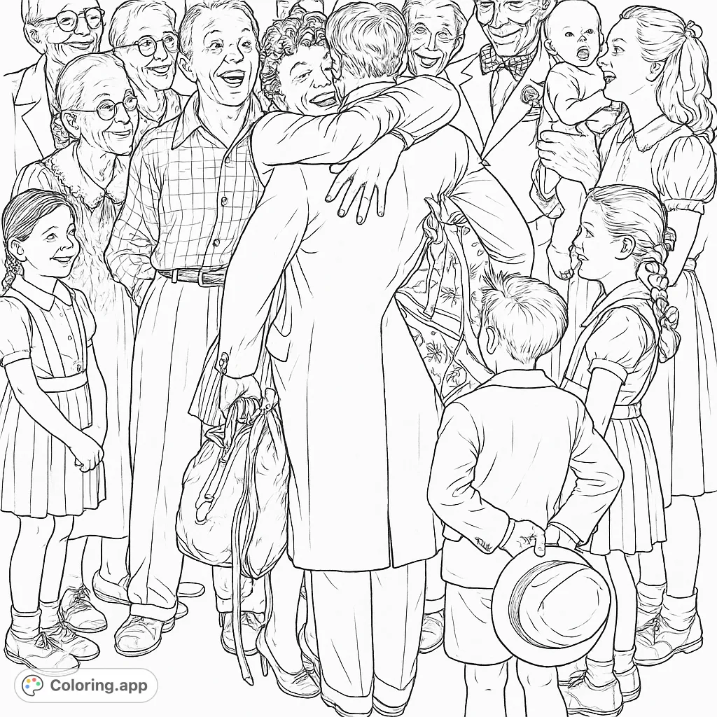 Capture the warmth of a family reunion with this detailed coloring page, featuring a loving embrace amidst a crowd of happy faces and festive elements.