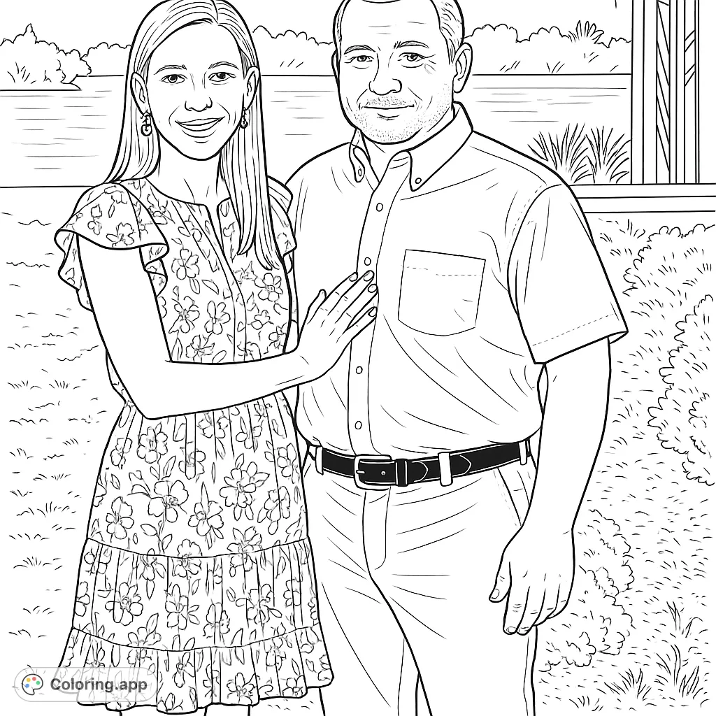 Capture a heartwarming moment with this couple's outdoor portrait coloring page. Features a woman in a floral dress and a man in a collared shirt.