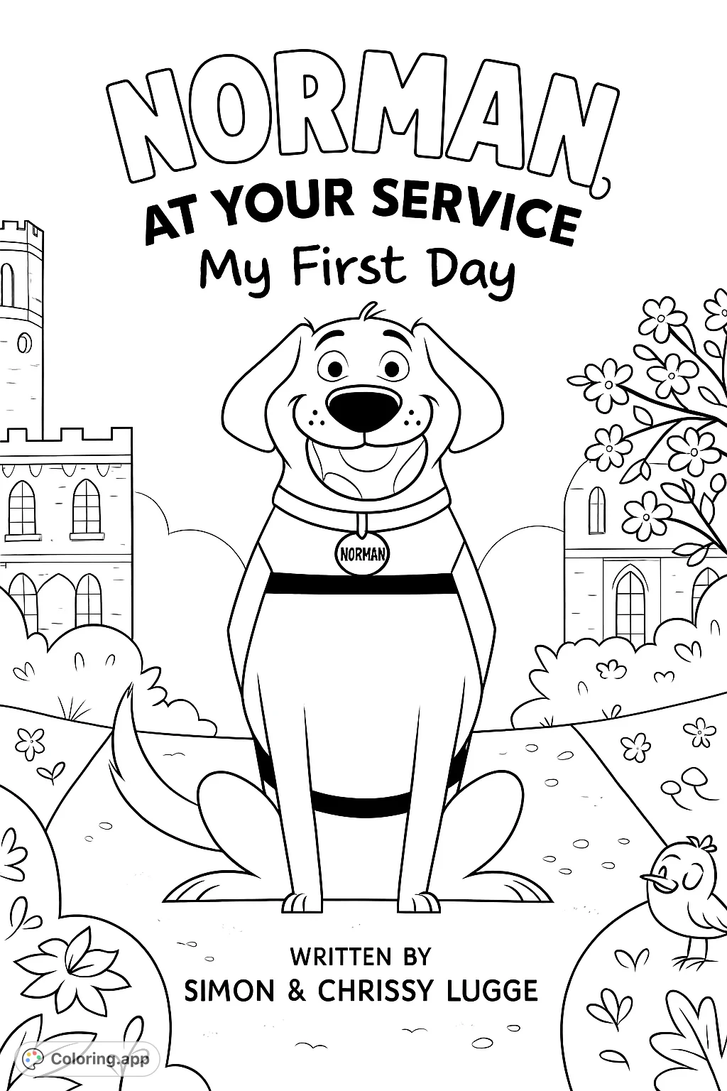 A friendly service dog sits proudly with two tennis balls, set against a backdrop of grand buildings and blooming trees. A delightful scene for all ages.