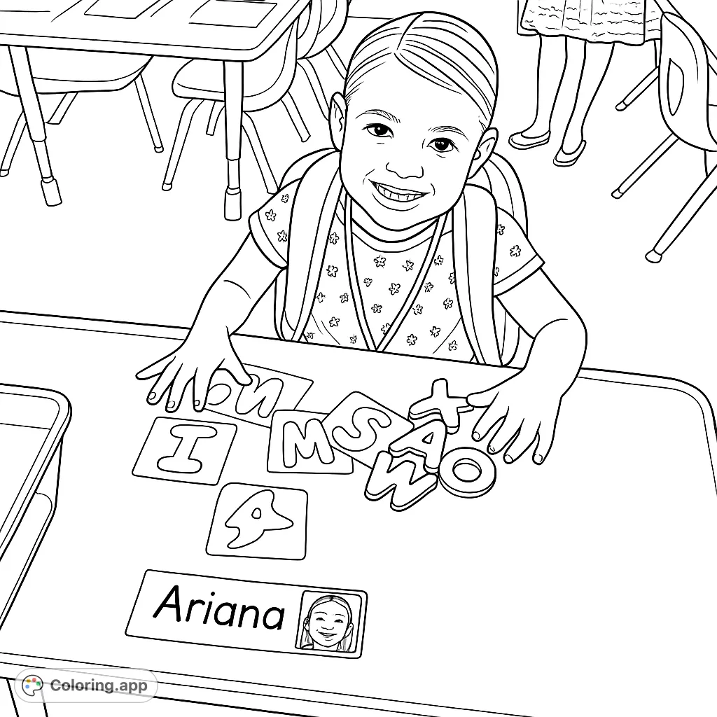 A cheerful child engages with alphabet puzzles and animal cards at a classroom desk, ready for a fun learning adventure. Perfect for young learners.