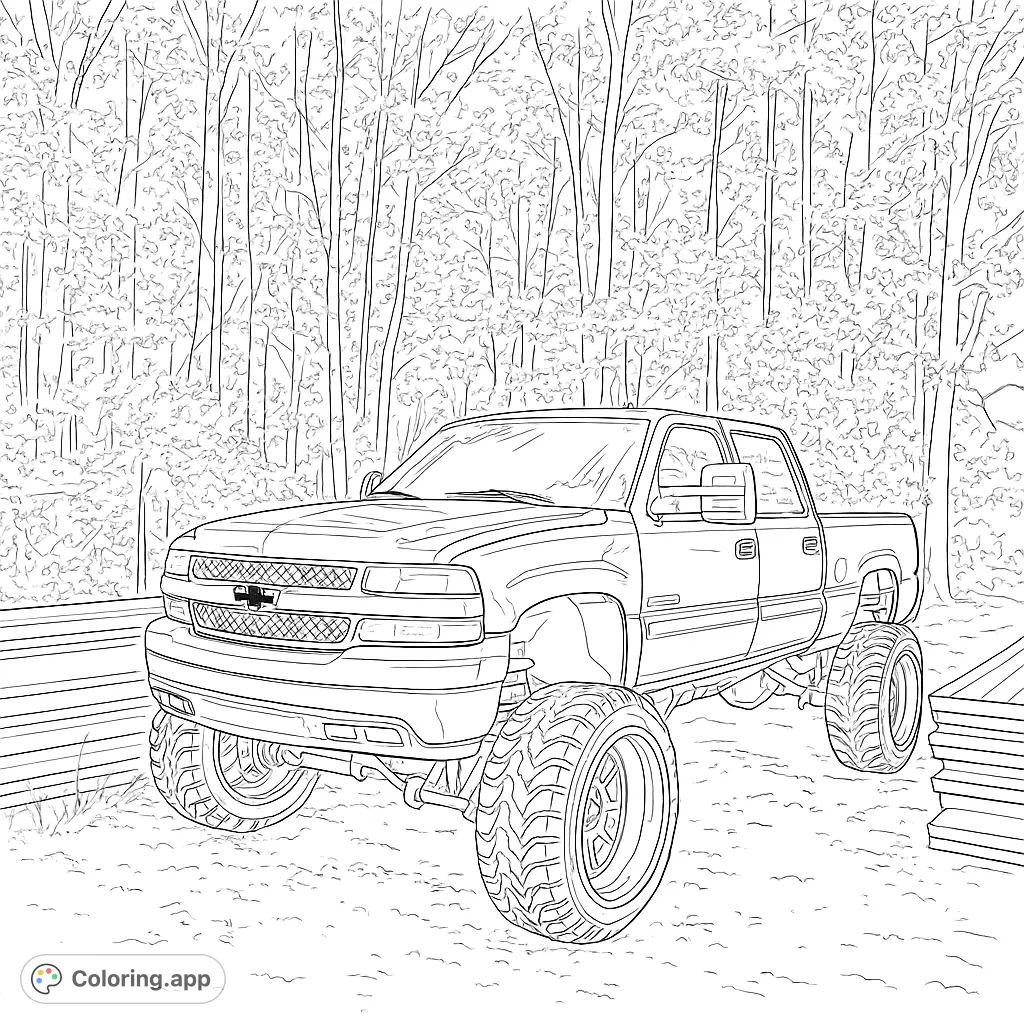 Color a powerful lifted pickup truck with massive tires in a detailed forest setting, perfect for vehicle enthusiasts and detailed coloring.