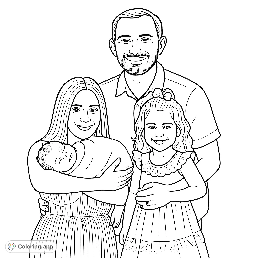 Celebrate family love with this heartwarming portrait coloring page featuring a happy family of four, including a newborn baby and a smiling daughter.