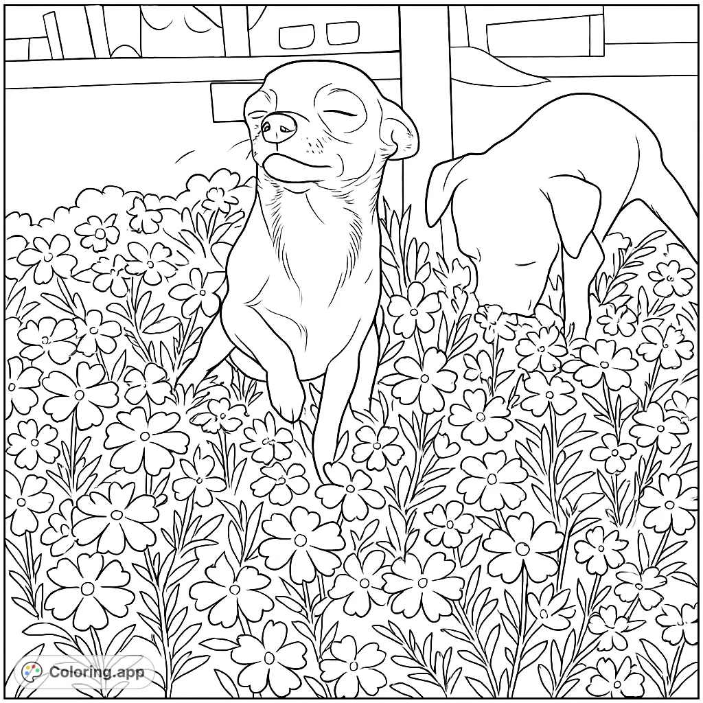 A charming coloring page featuring a small dog standing serenely amidst a vibrant field of flowers, with another dog in the background. Perfect for relaxation.