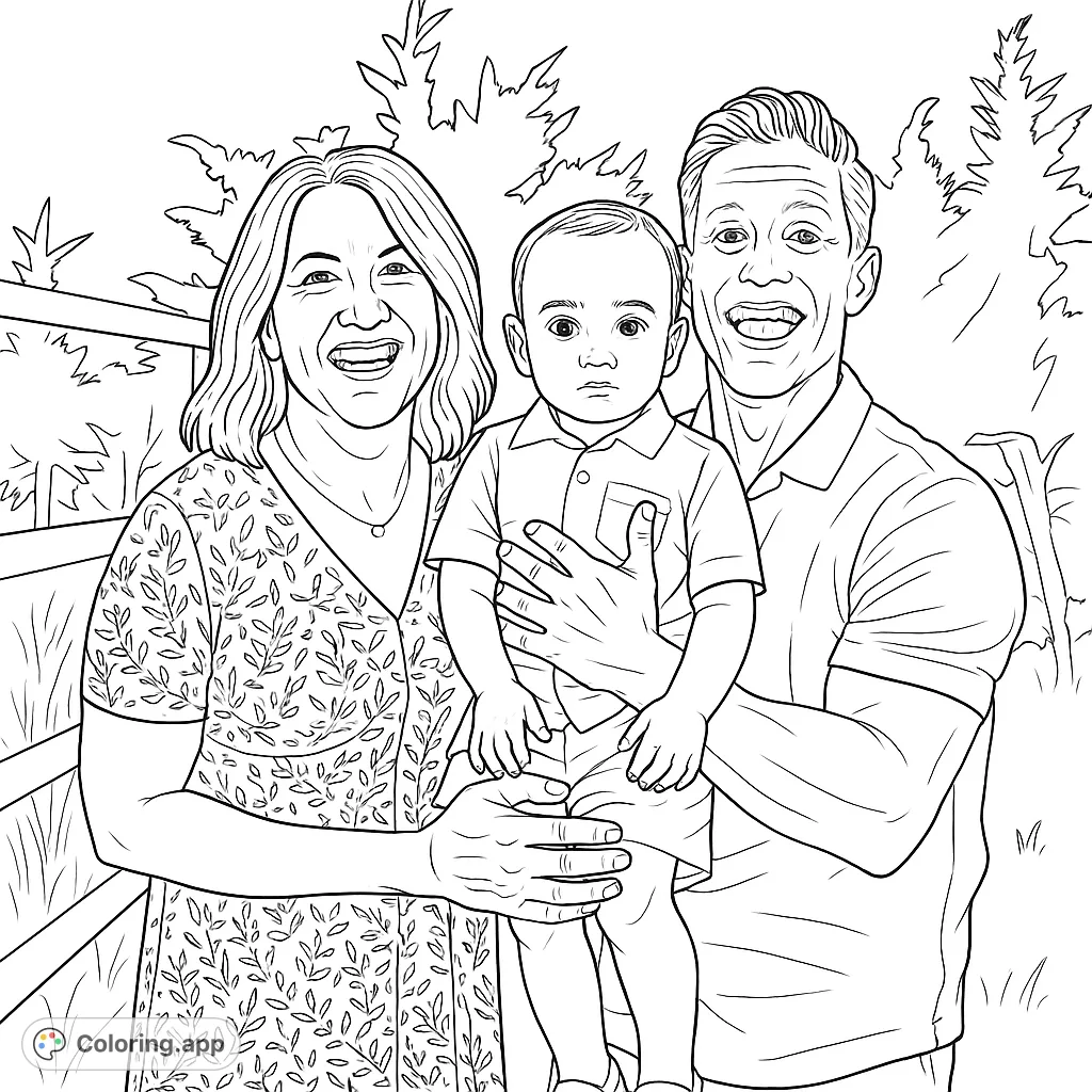 Capture a heartwarming family moment with this outdoor portrait. A smiling couple holds their child against a rustic fence and natural backdrop, perfect for personalizing.