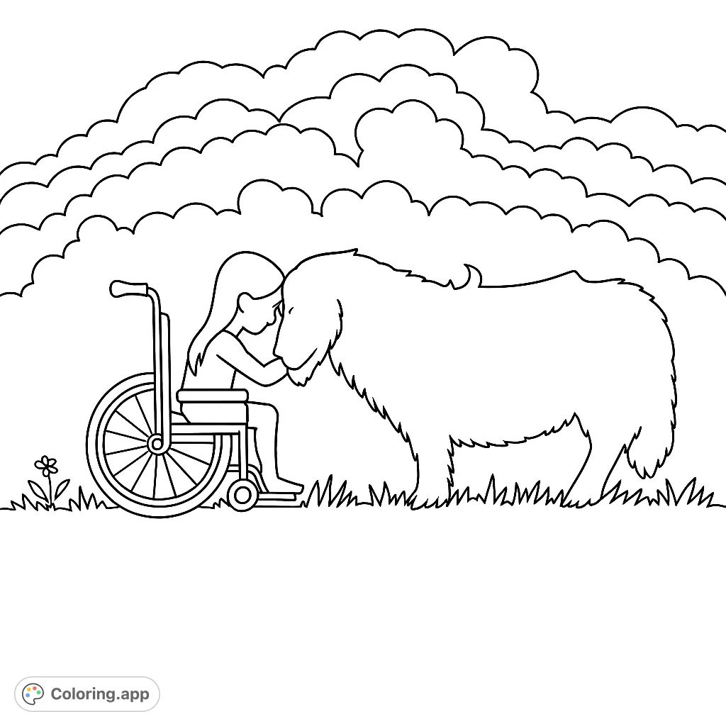 A heartwarming scene of a child in a wheelchair sharing a tender moment with a gentle pony under a vast, cloud-filled sky. Perfect for all ages.