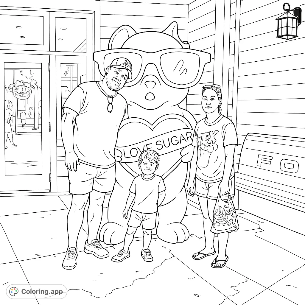 A delightful family poses with a giant gummy bear sculpture, wearing cool sunglasses and holding a heart. A sweet, fun coloring page for all ages.
