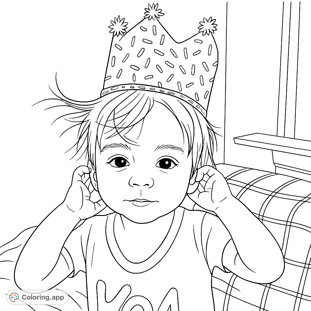 A delightful coloring page featuring a sweet toddler wearing a festive crown with sprinkle patterns, ready for a celebration. Perfect for young artists!