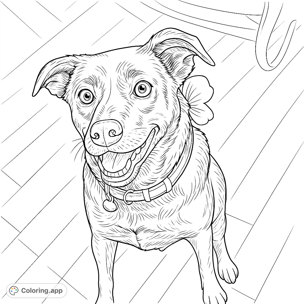 Capture the joyful spirit of a friendly dog with a happy expression and a cute ear accessory. A delightful pet coloring page for all ages.