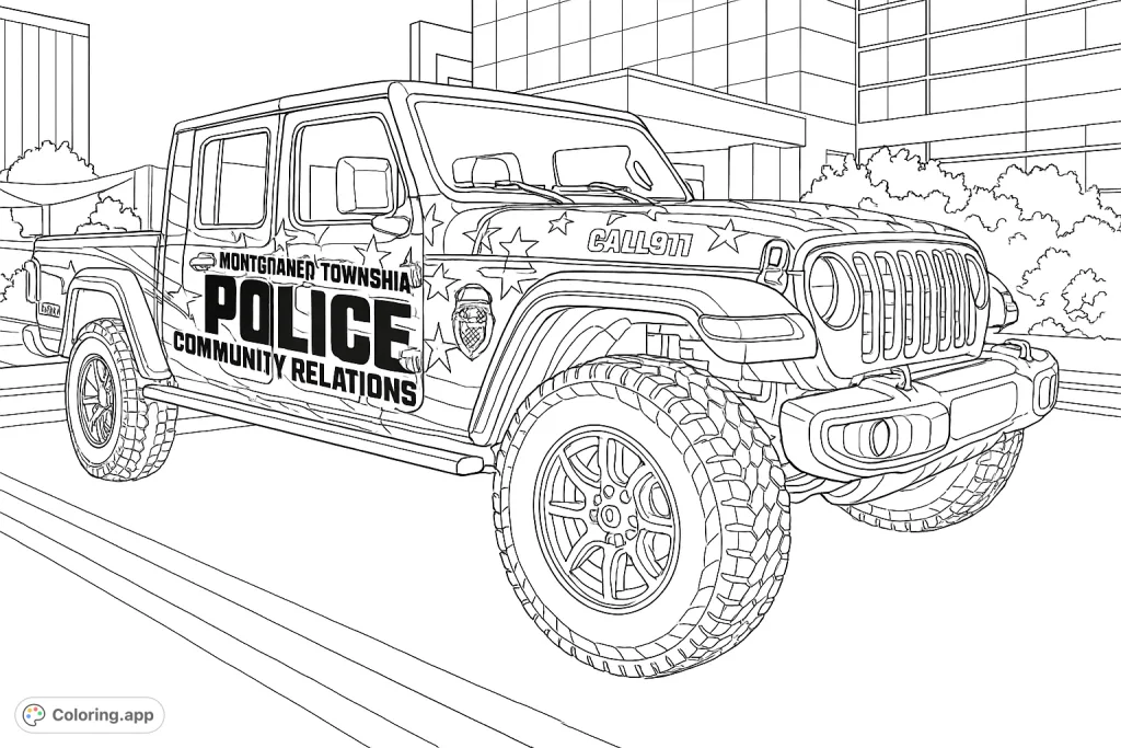 Color a detailed police community relations truck with patriotic star and stripe patterns, bold text, and rugged features, set against a modern building.