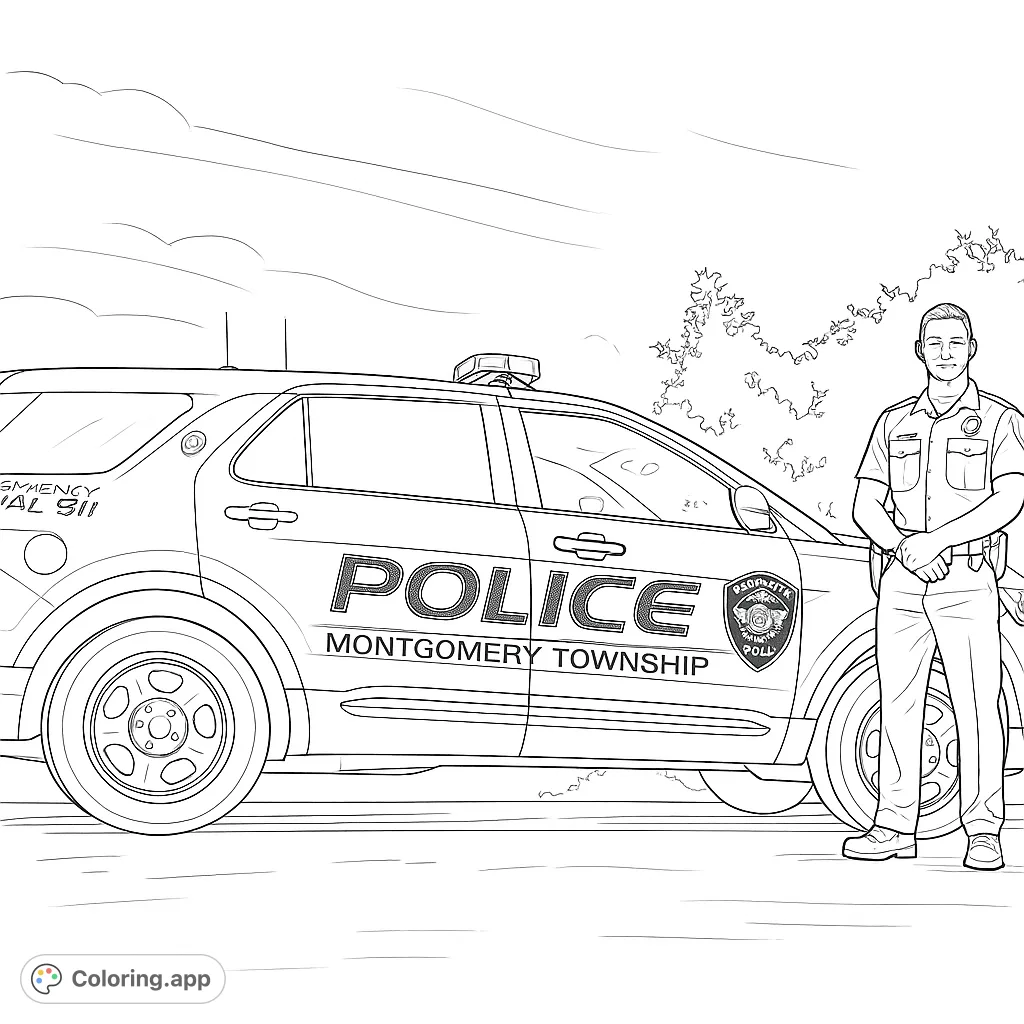 A dedicated police officer stands proudly beside a detailed patrol SUV, ready for duty. A community hero scene for aspiring law enforcement enthusiasts.
