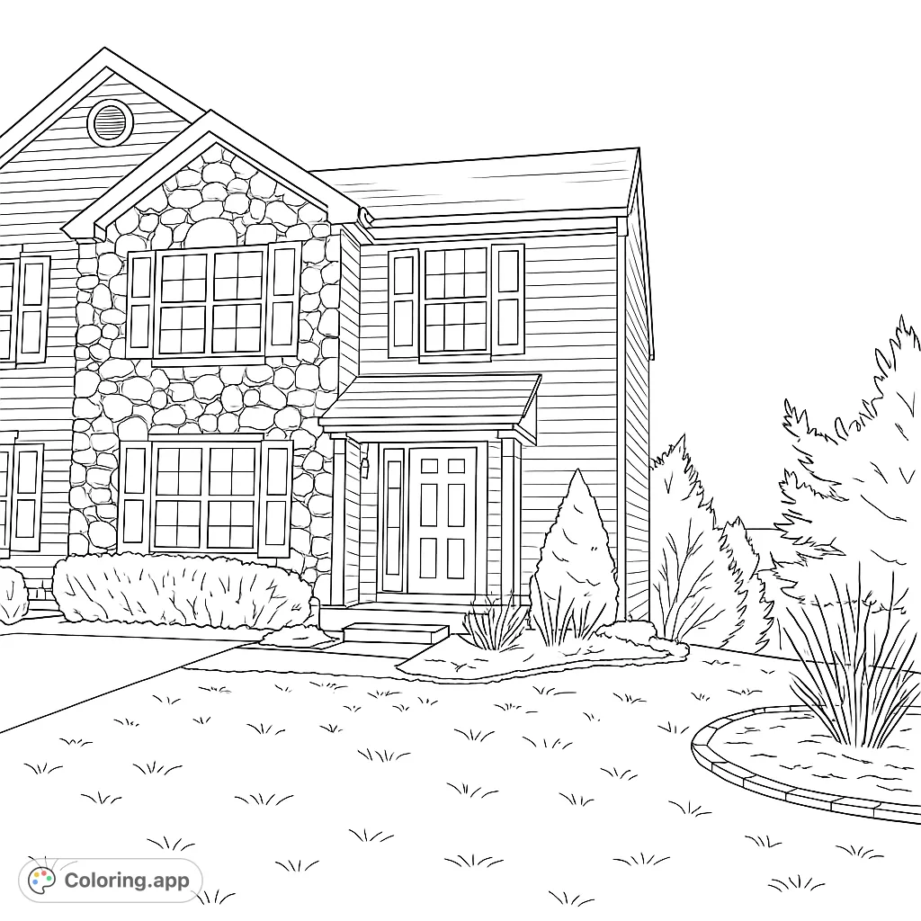 Color a charming suburban home featuring a stone and siding exterior, multiple windows with shutters, and a welcoming front porch, set amidst a neat lawn.