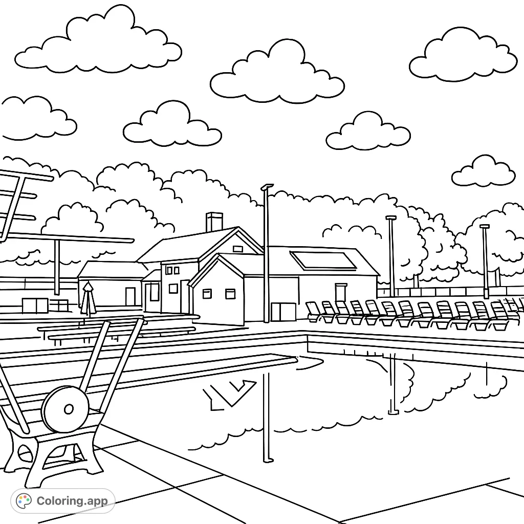 Dive into summer with this detailed swimming pool complex coloring page, featuring a large pool, diving board, clubhouse, and lounge chairs.