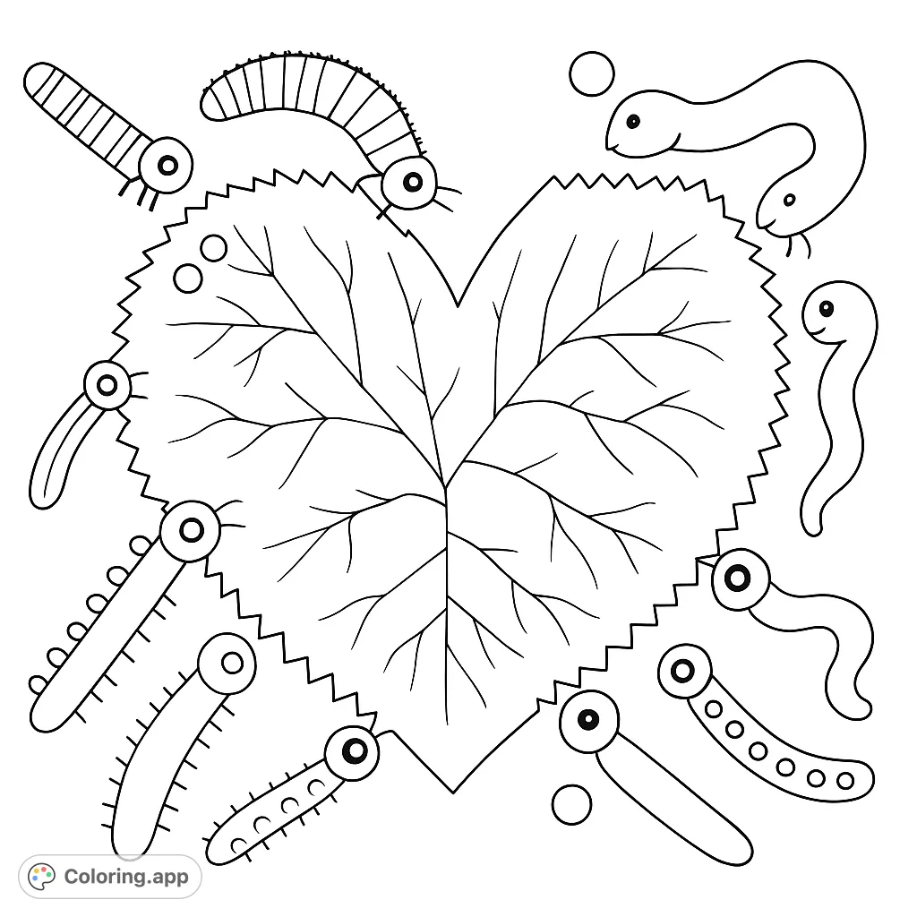 Explore a charming scene with ten unique caterpillars playfully arranged around a heart-shaped leaf. A delightful nature-themed coloring page for all ages.