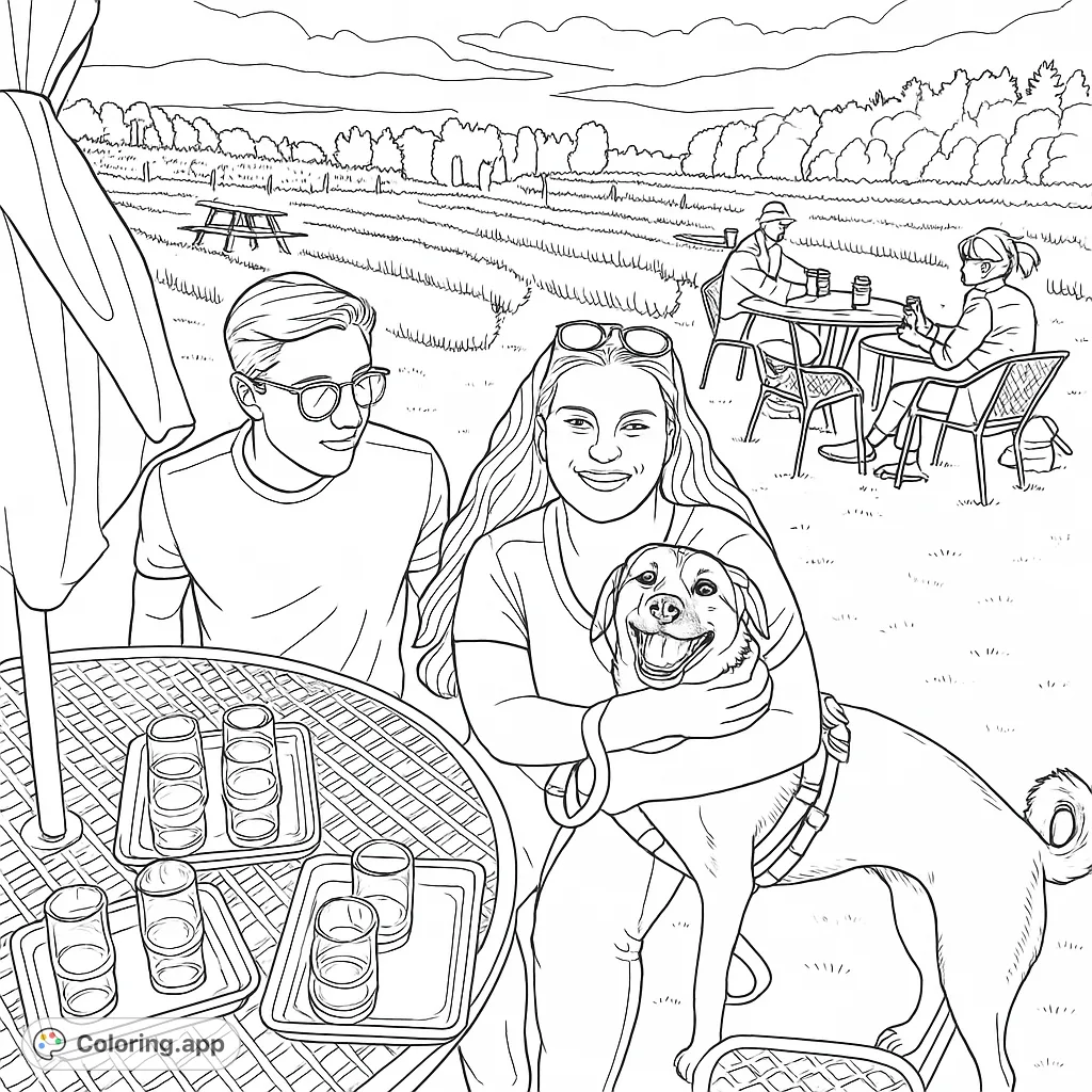 Enjoy a serene day at a lavender field with friends and a happy dog. This charming coloring page features people relaxing amidst rows of fragrant plants.