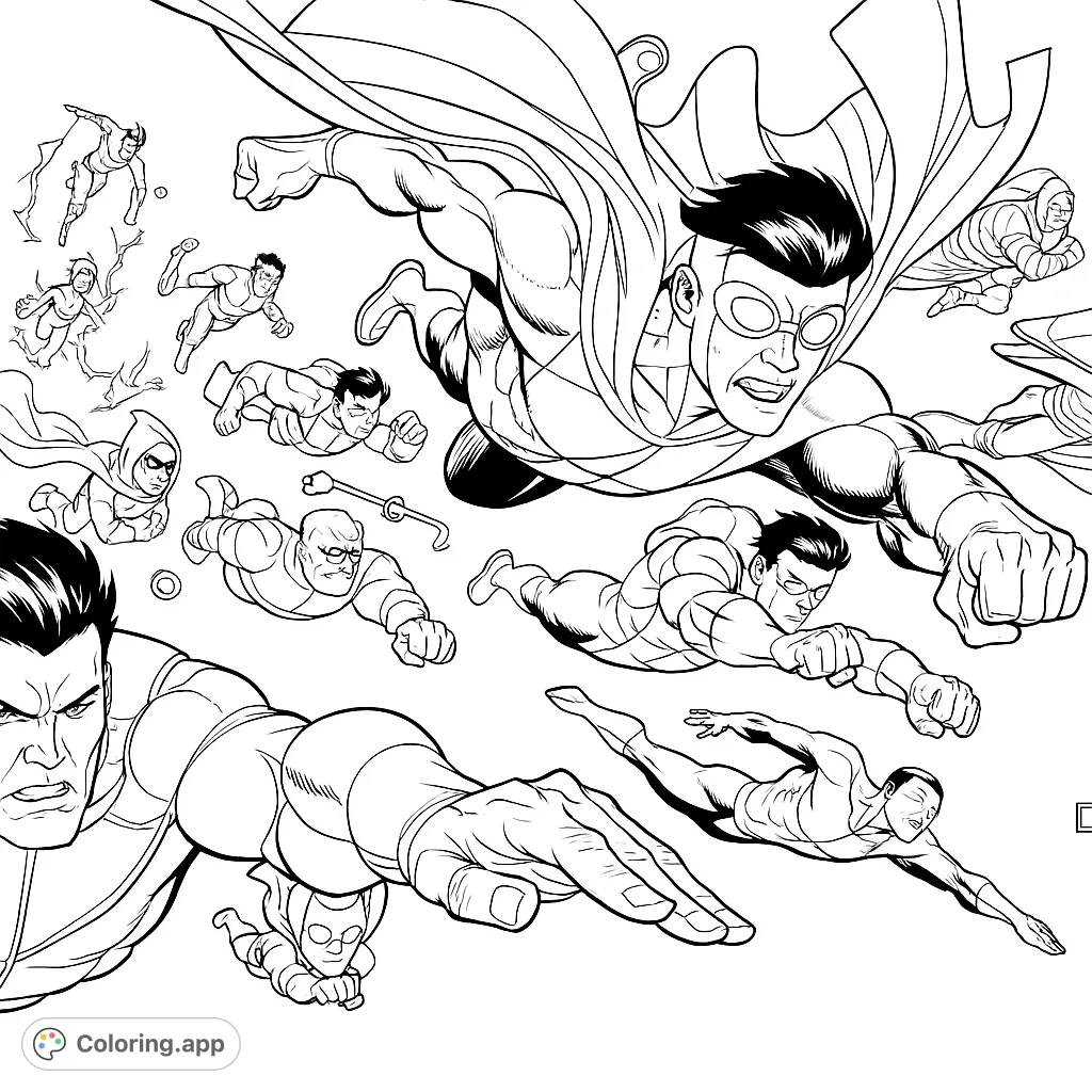 Join a powerful team of flying heroes in an epic sky adventure! This dynamic superhero coloring page features multiple characters soaring through the air.