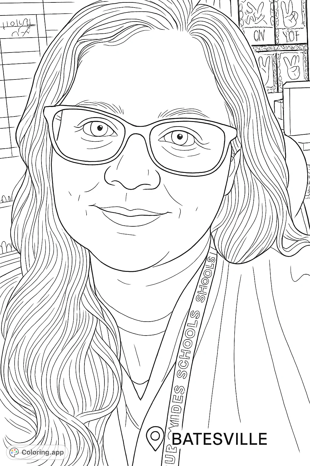 A friendly woman with glasses and long hair, wearing professional attire, smiles gently. Perfect for a realistic portrait coloring page.