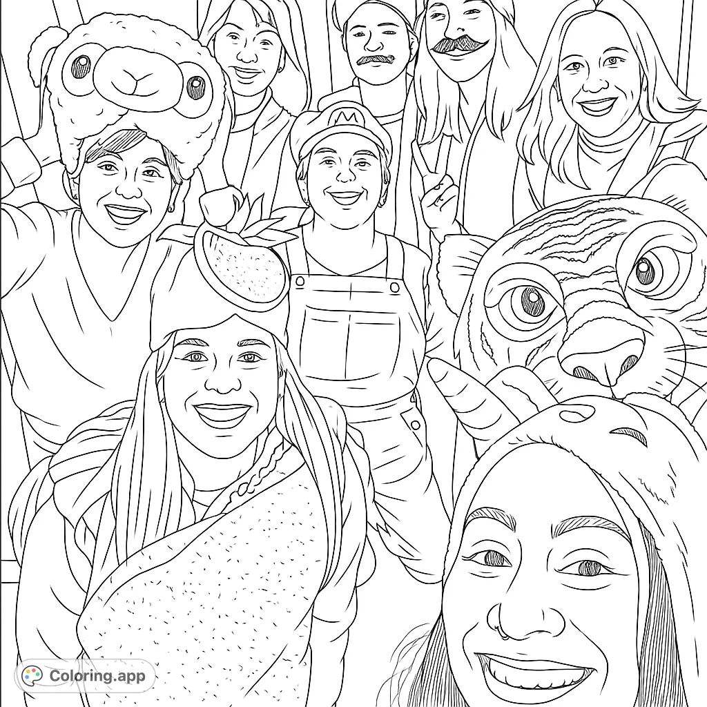 A lively group of friends in whimsical costumes, including a llama, tiger, taco, and snowman, sharing smiles and good times. Perfect for a fun coloring session!