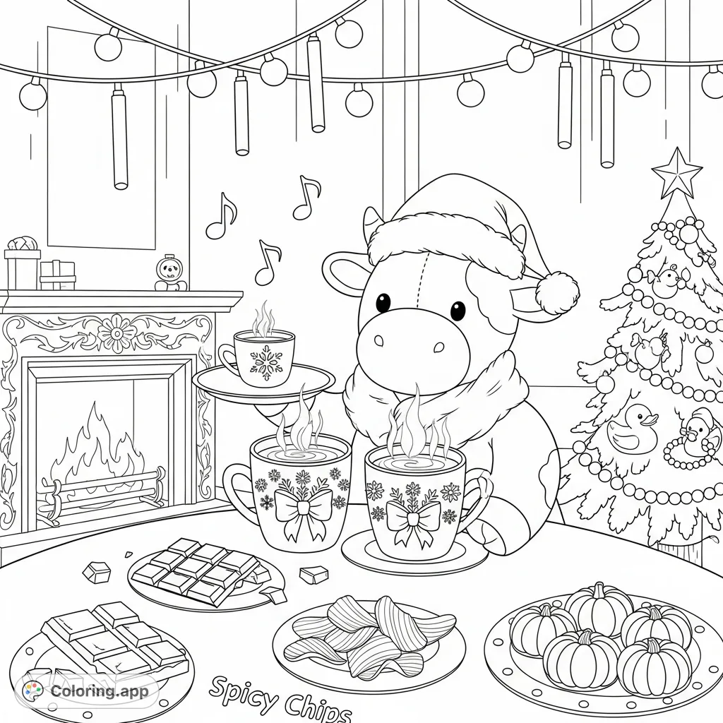 A delightful Christmas café scene with a Santa-hatted stuffed cow serving hot chocolate, surrounded by festive lights, treats, and a charmingly decorated tree.