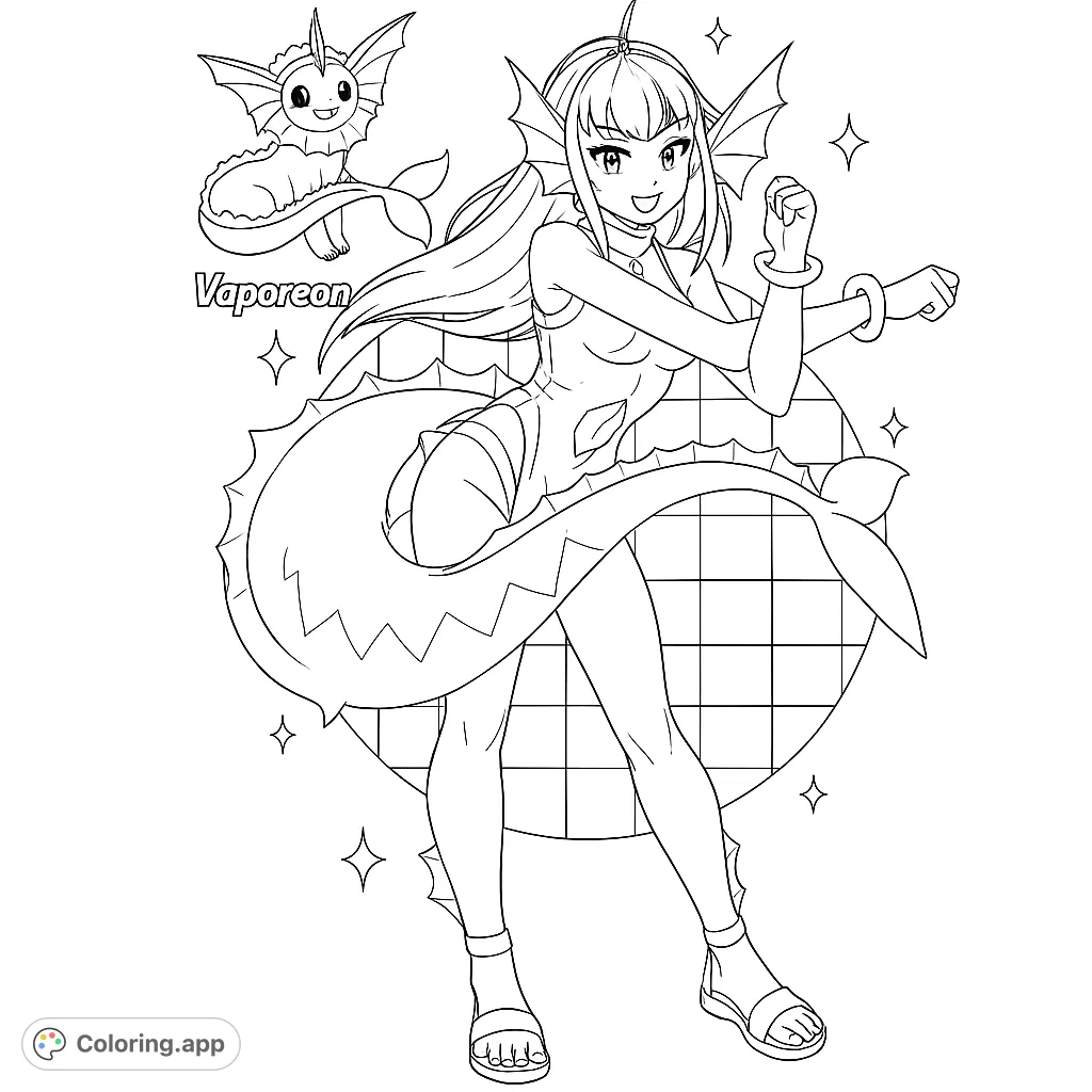 Dynamic aquatic character with a Vaporeon companion, featuring intricate scales and flowing forms. A fun fantasy coloring page for all ages.
