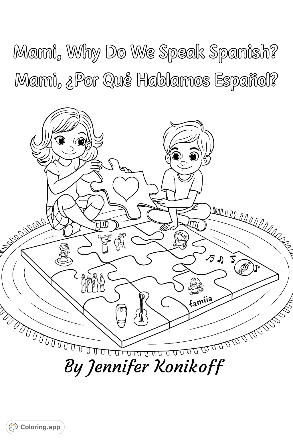 A delightful cultural puzzle coloring page featuring two children assembling a jigsaw with diverse elements like music, dance, and family. Perfect for learning and fun!