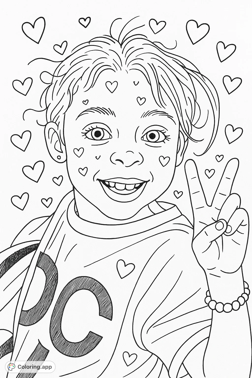 A delightful children's storybook illustration coloring page featuring a smiling child making a peace sign, adorned with decorative heart patterns. Free printable coloring page.