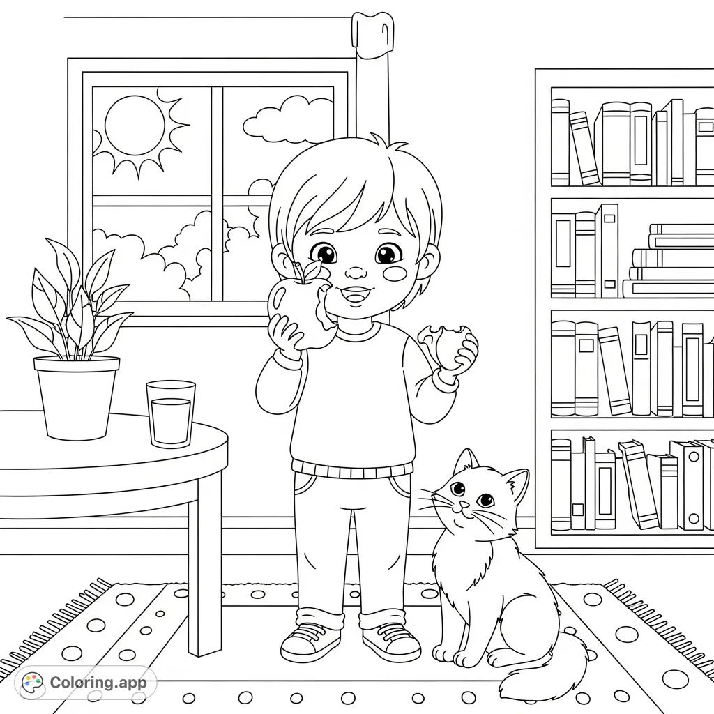 A delightful home health coloring page featuring a child, a friendly cat, and healthy elements in a cozy living room. Perfect for kids!