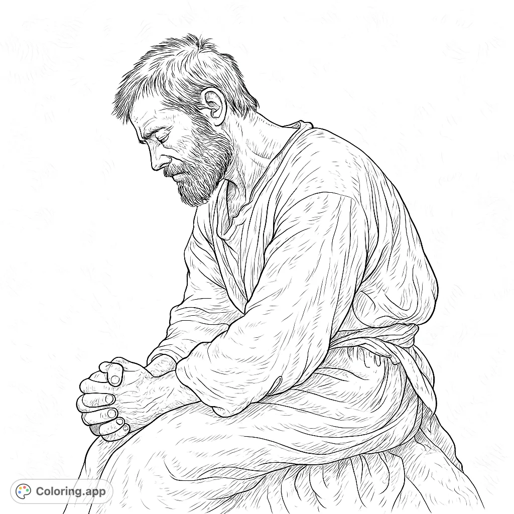 A solemn figure in deep contemplation, with head bowed and hands clasped. A powerful image for reflection and peace.