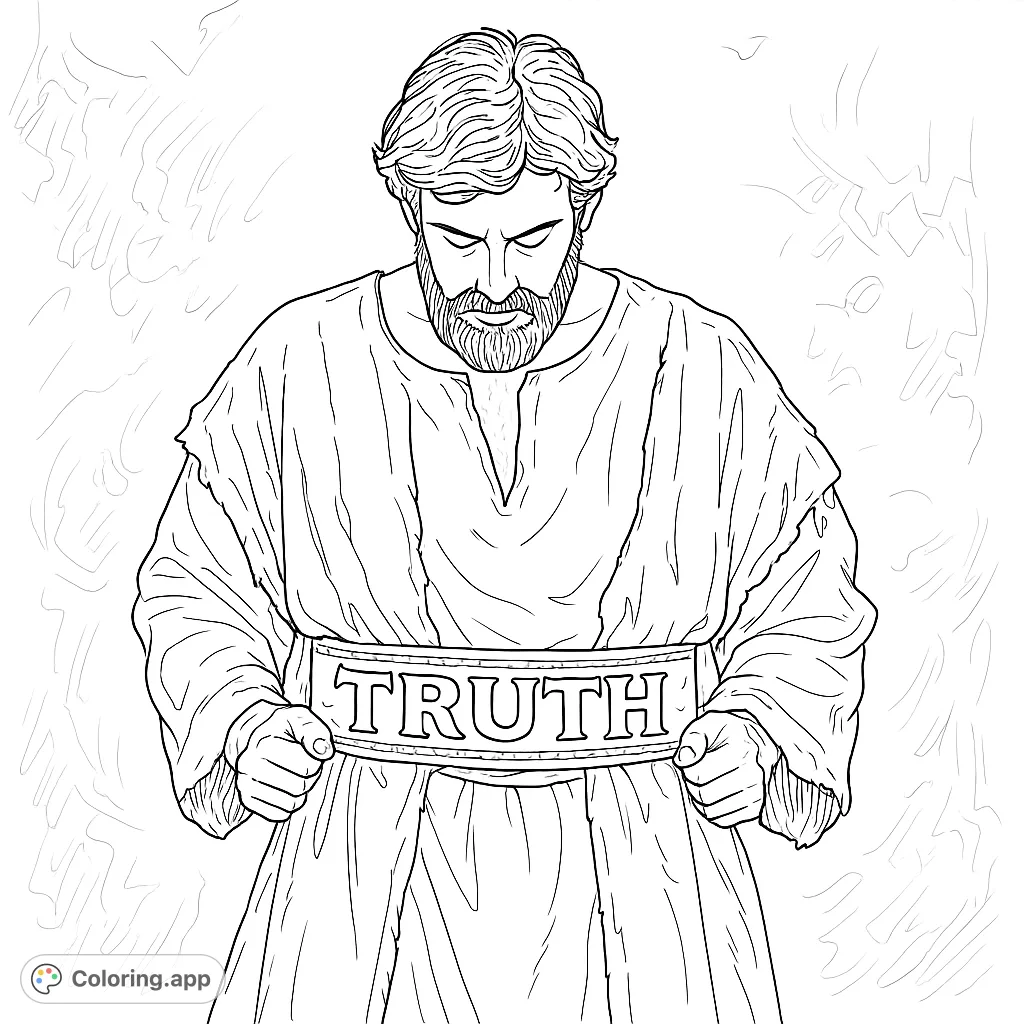 A contemplative man holds a band inscribed with "TRUTH," inviting reflection and mindful coloring.