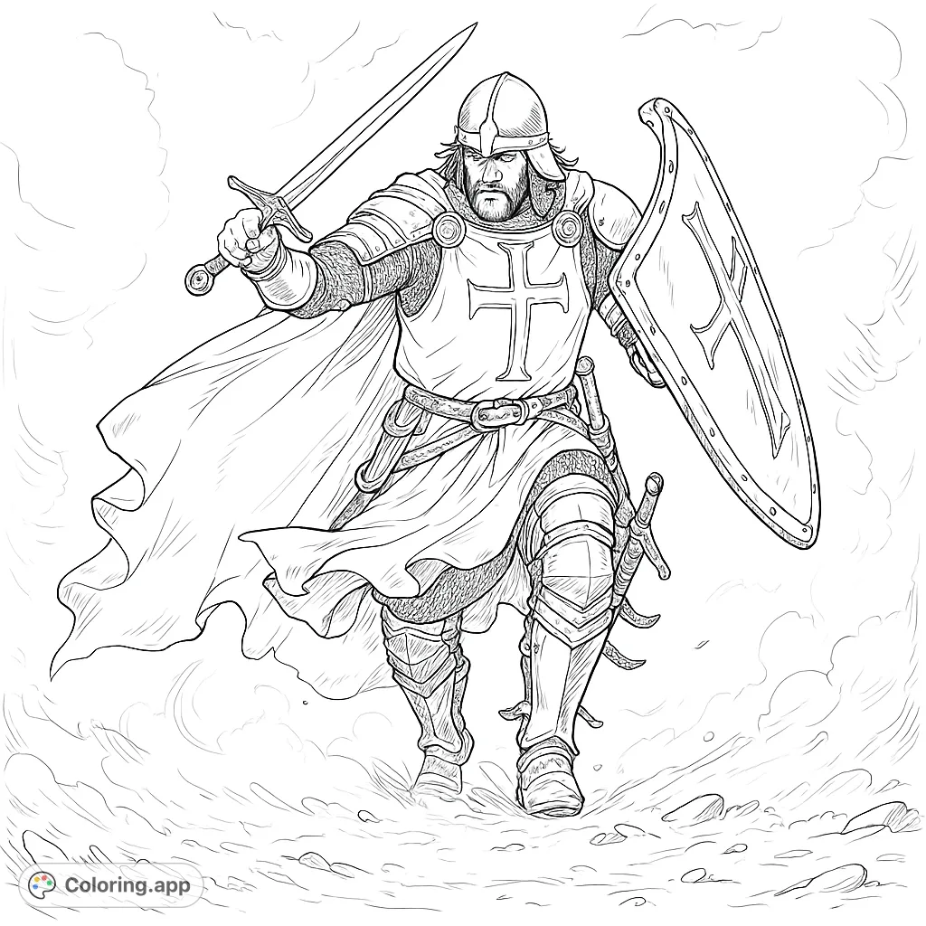 A detailed knight coloring page featuring a valiant warrior in full armor, wielding a sword and shield. Perfect for history and fantasy enthusiasts.
