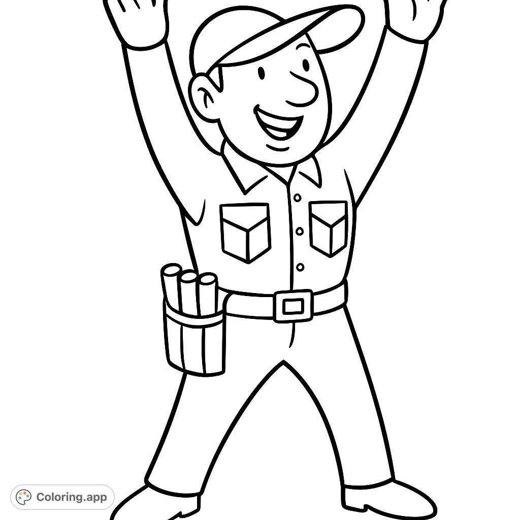 A cheerful cartoon worker in a uniform with a tool belt, arms raised in a happy pose. Perfect for kids and adults seeking a fun, simple coloring activity.