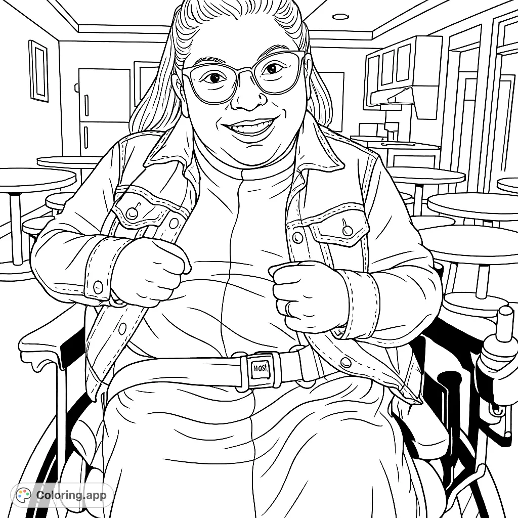 A cheerful person in a wheelchair, ready to be brought to life with your creative colors. Features a warm smile, detailed clothing, and a supportive chair.