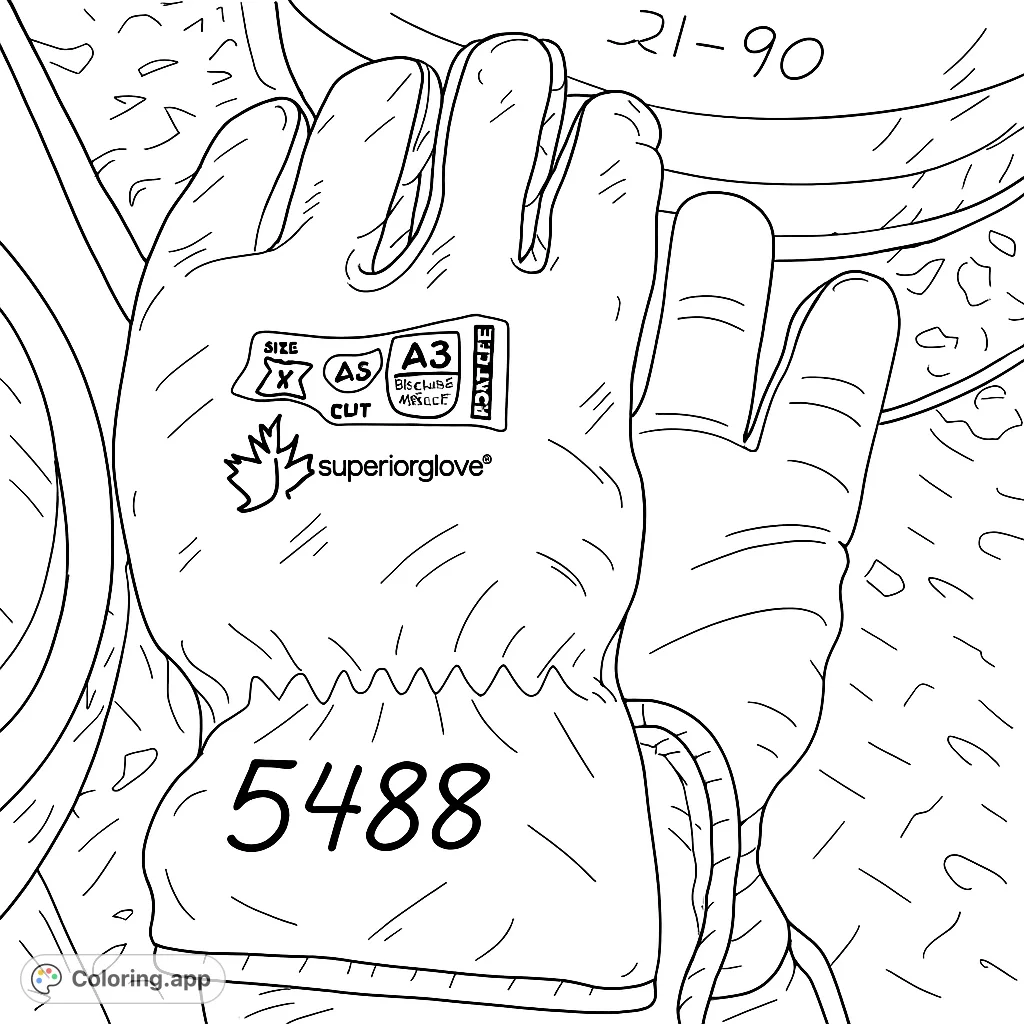 Detailed coloring page of well-worn industrial work gloves, featuring textured surfaces, a safety label, and handwritten numbers, set against an industrial background. A unique industrial coloring page.