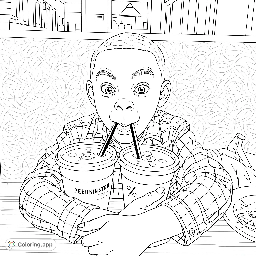 A cheerful child enjoys two drinks at a restaurant booth, perfect for a fun and engaging coloring page experience.