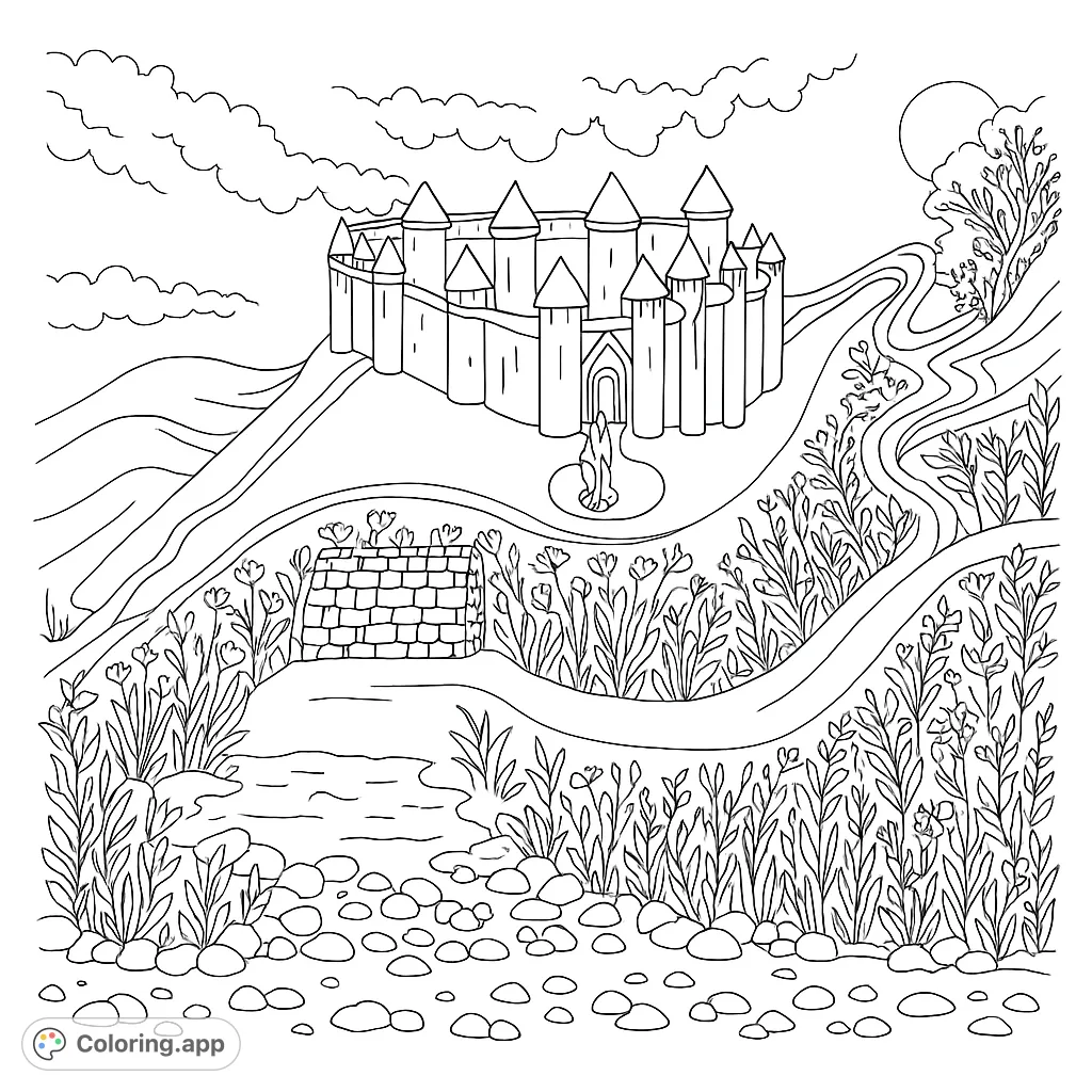 Explore a majestic castle perched on a hill, surrounded by winding paths, a tranquil stream, and a vibrant garden. A captivating fantasy scene awaits your creative touch.