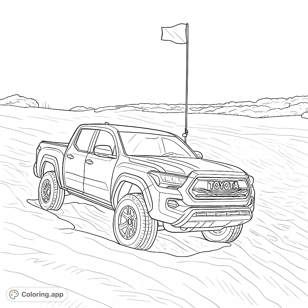 An adventurous pickup truck with a flag stands ready on vast sand dunes, perfect for vehicle enthusiasts and desert scene colorists.