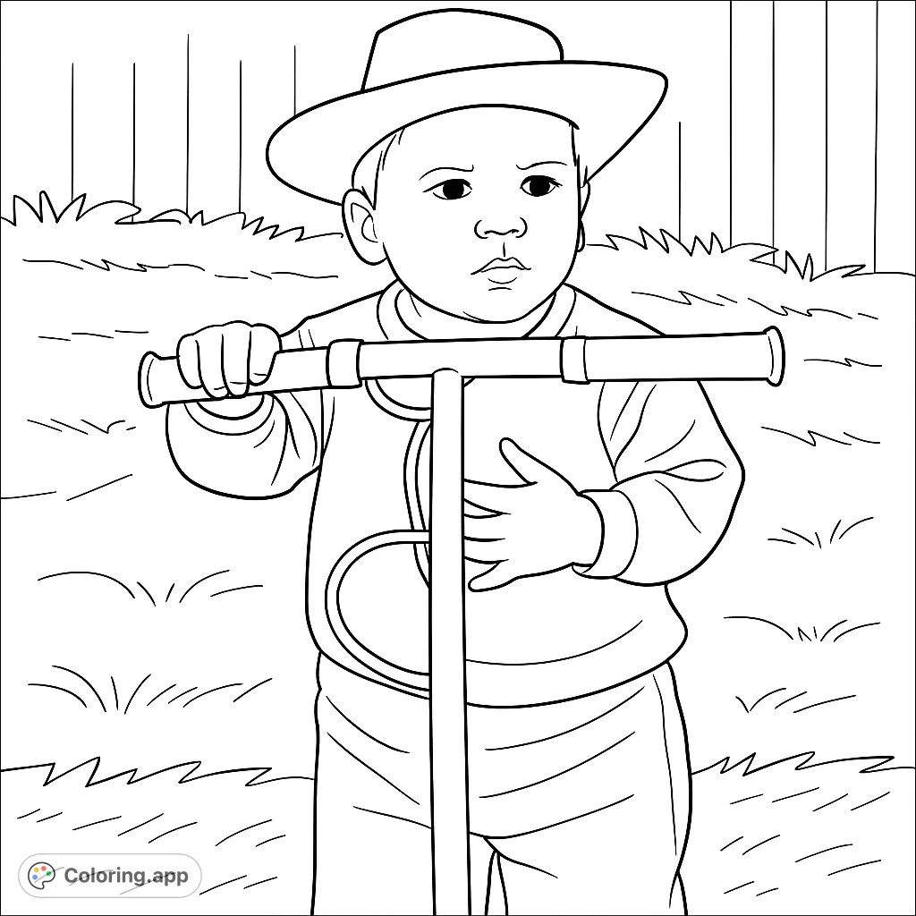A charming coloring page featuring a child in a hat, holding a scooter with a medical instrument, set against a simple outdoor background.