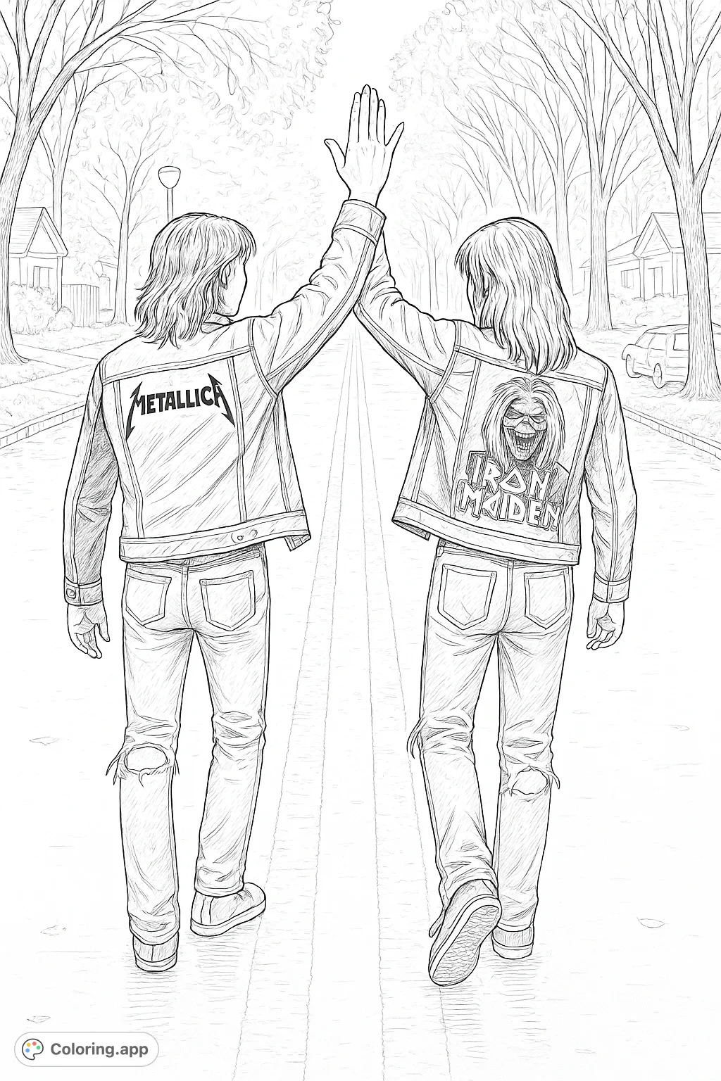 Capture a moment of friendship with this rock duo coloring page. Two figures high-fiving in the rain, featuring iconic band logos on their denim jackets.