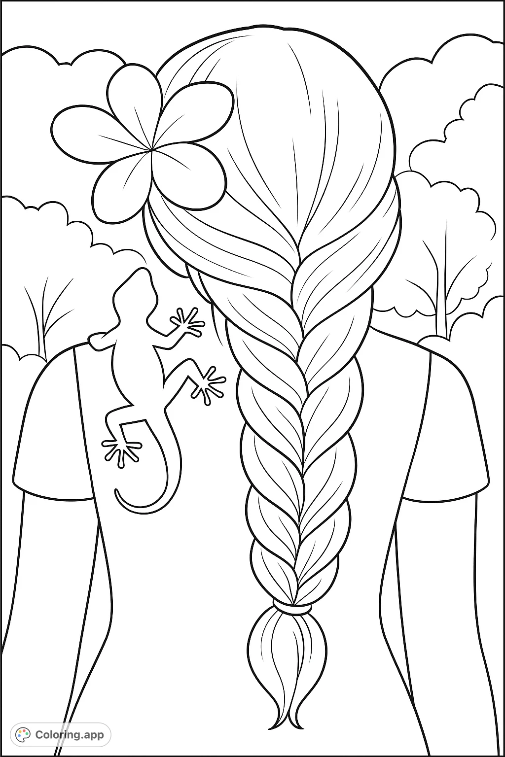A serene coloring page featuring a person with a long braid, a delicate flower in their hair, and a friendly lizard companion on their back. A peaceful nature scene.