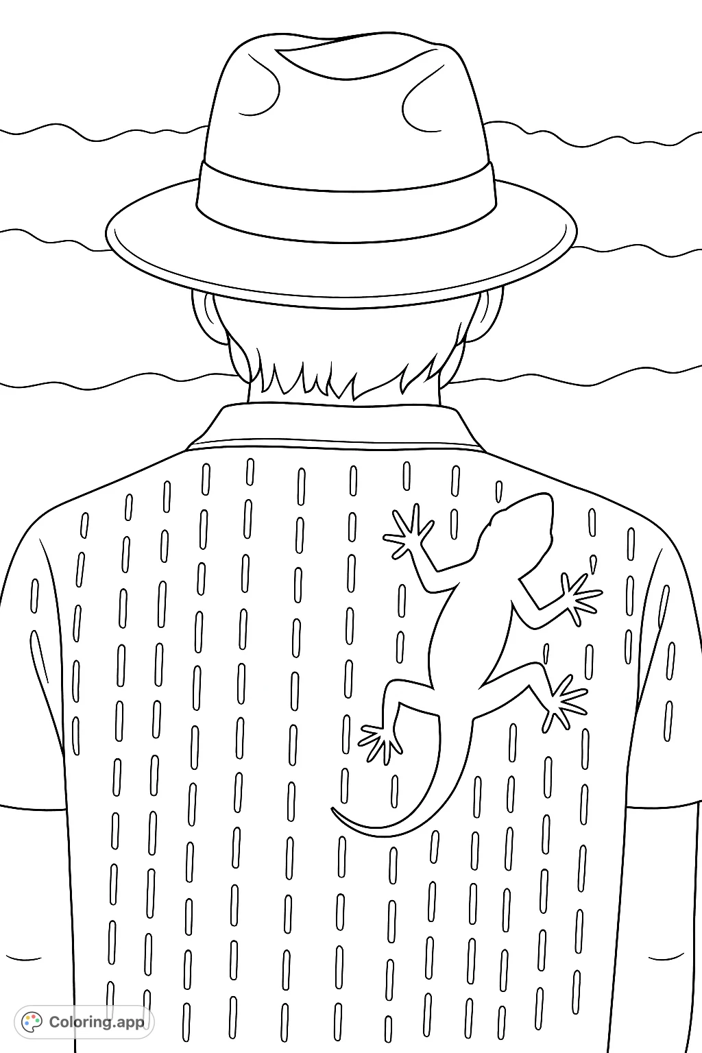 Color a unique scene featuring a person from behind, wearing a hat and a shirt with a distinctive lizard design. An open outdoor background awaits your creative touch.