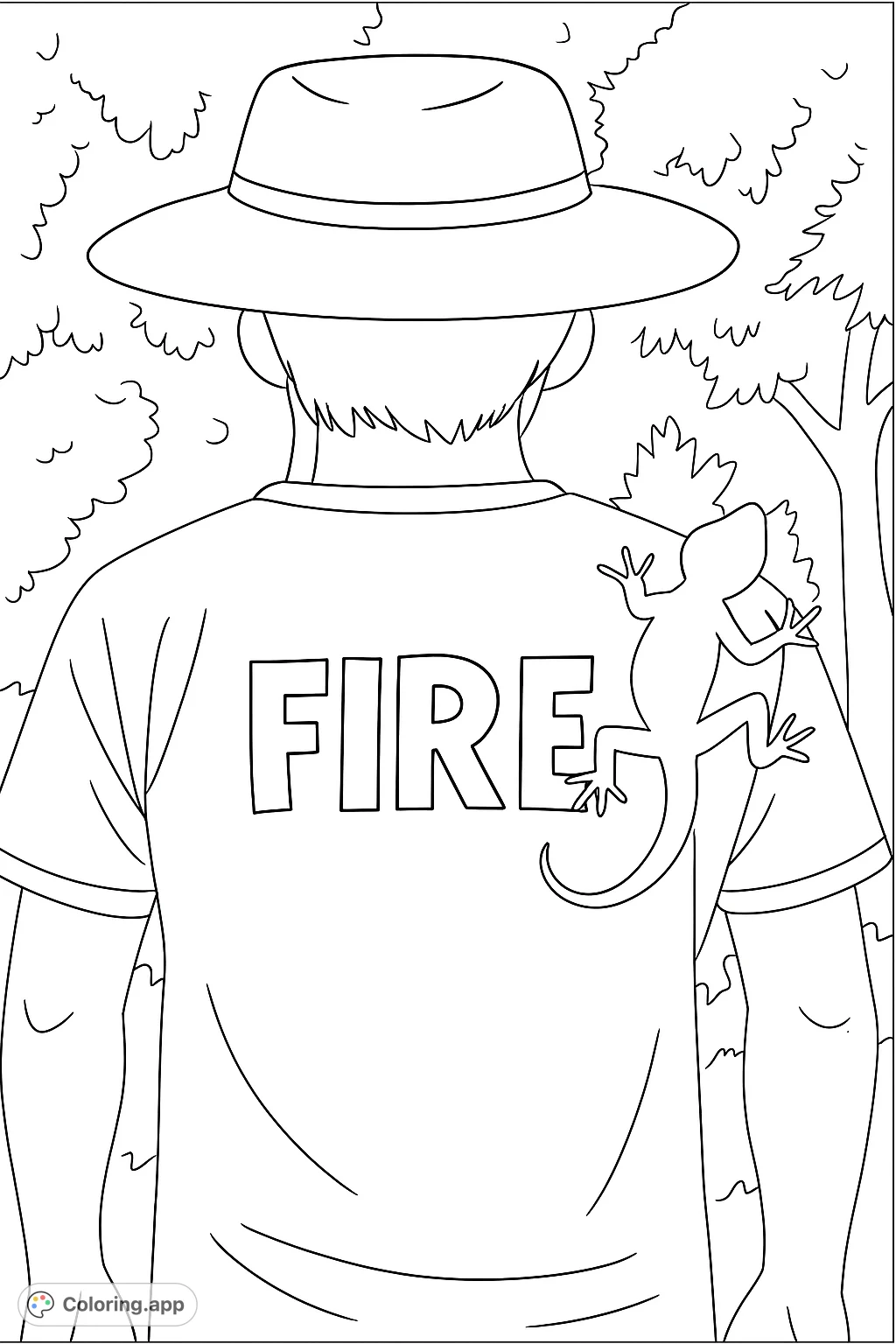 Explore the wilderness with a person wearing a hat and a 'FIRE' t-shirt, accompanied by a climbing lizard. A nature-themed coloring page for adventure lovers.