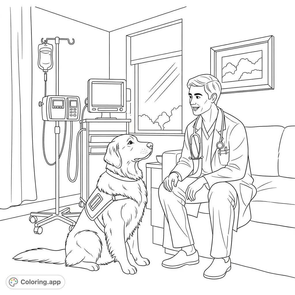 A heartwarming scene featuring a friendly doctor talking to a Golden Retriever service dog in a hospital, offering comfort and care.