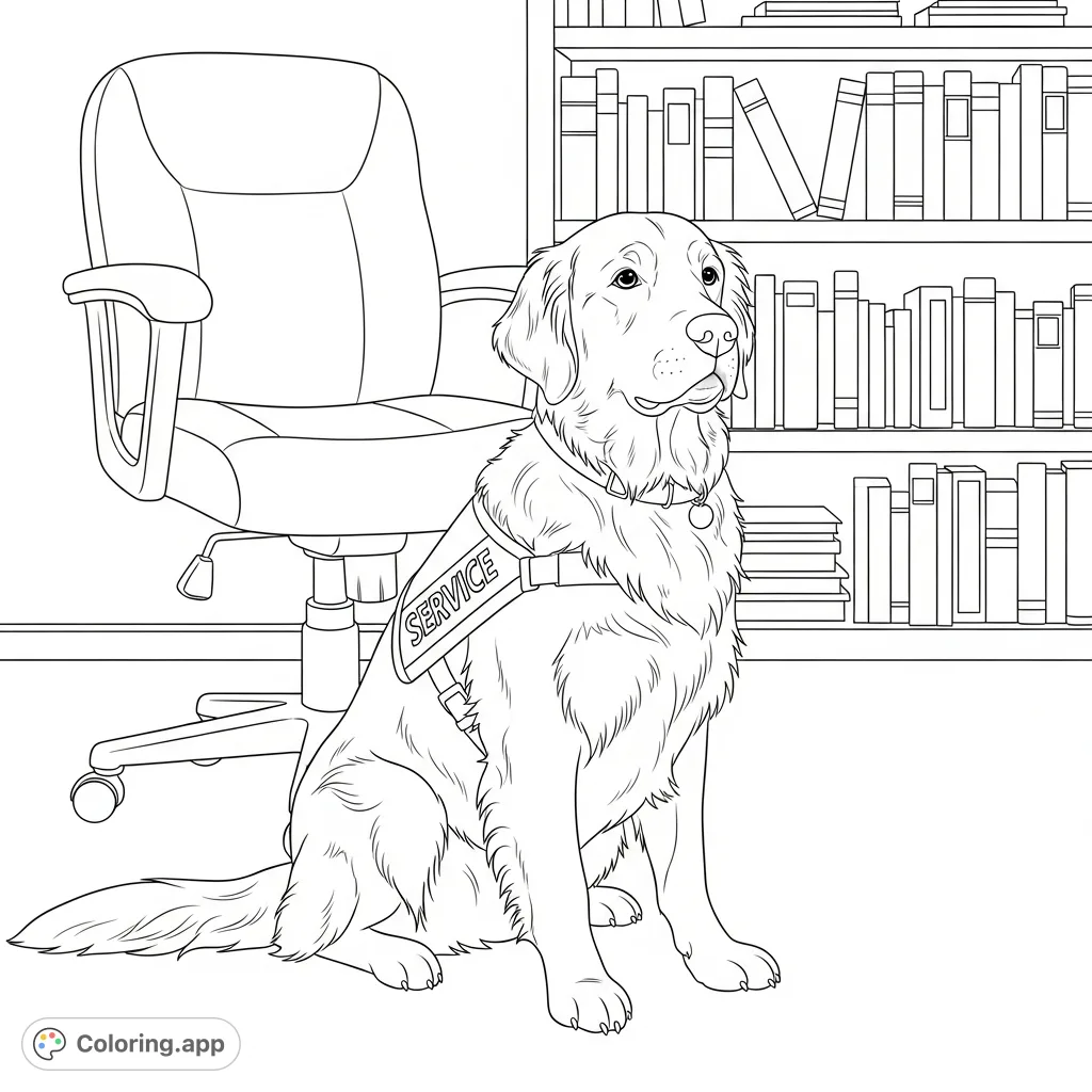A loyal Golden Retriever service dog rests beside an office chair with books in the background, ready for a relaxing coloring session.