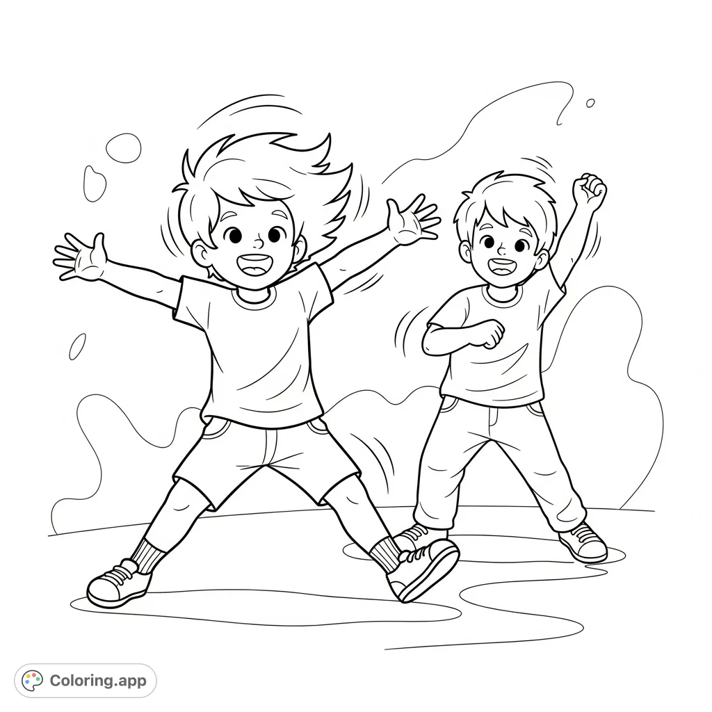 A dynamic stress relief coloring page featuring children joyfully shaking out energy. Perfect for emotional expression and mindfulness.